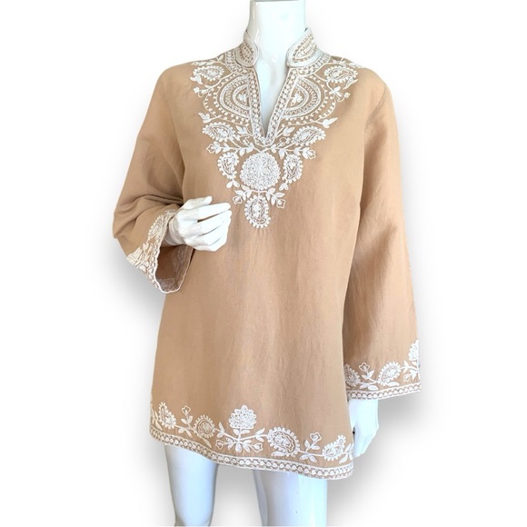 SOFT SURROUNDINGS TAN LINEN & COTTON BLEND EMBROIDERED TUNIC TOP. WOMEN’S SZ L - Picture 2 of 10